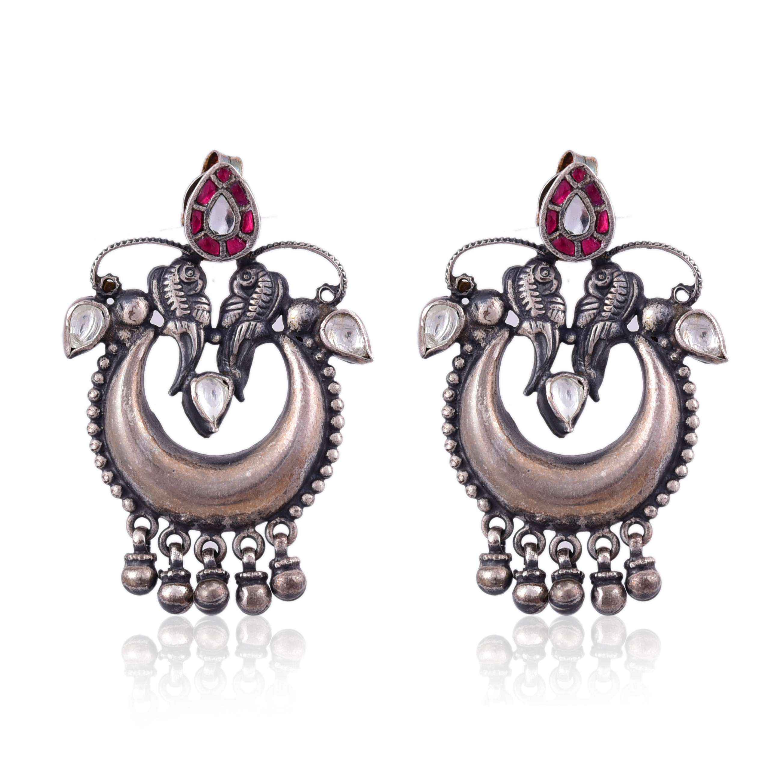 Sterling Oxidised Silver  two peacock Kundan Earring :SKU5769